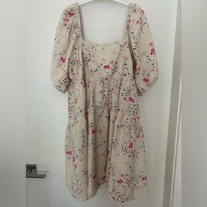 Cream Floral Puff-Sleeve Midi Dress